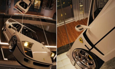 Jovem viraliza ao pendurar Ferrari de R$ 15 milhões como lustre; veja fotos