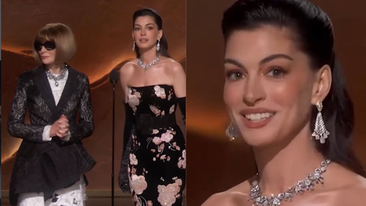 Anne Hathaway surge deslumbrante no Oscar 2026 com vestido floral e joias raras de diamantes
