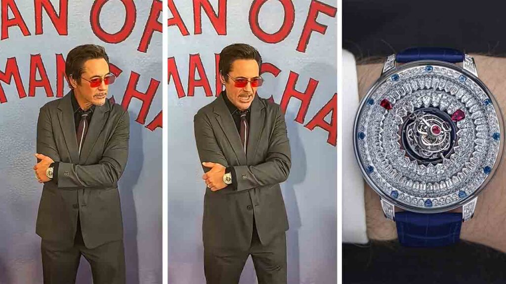 Relógio de R$ 6 milhões de Robert Downey Jr. não tem ponteiros e reúne 556 pedras preciosas. Foto: Youtube / Jacob & Co